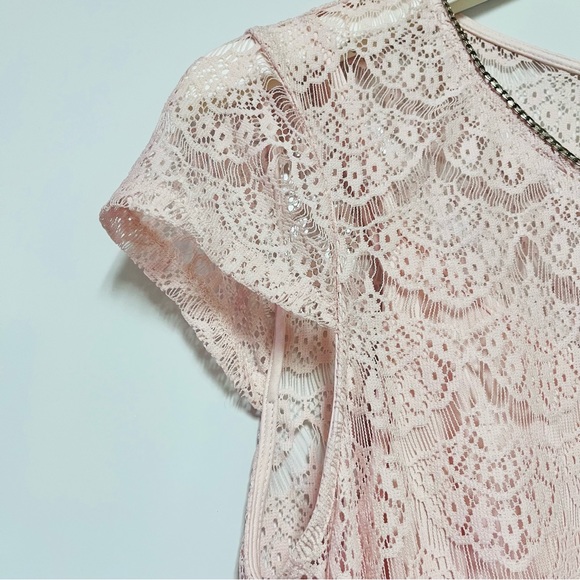 Jessica Simpson Lace Midi Dress Size 8 Blush Pink Scalloped Chain Collar Belted - Picture 6 of 16